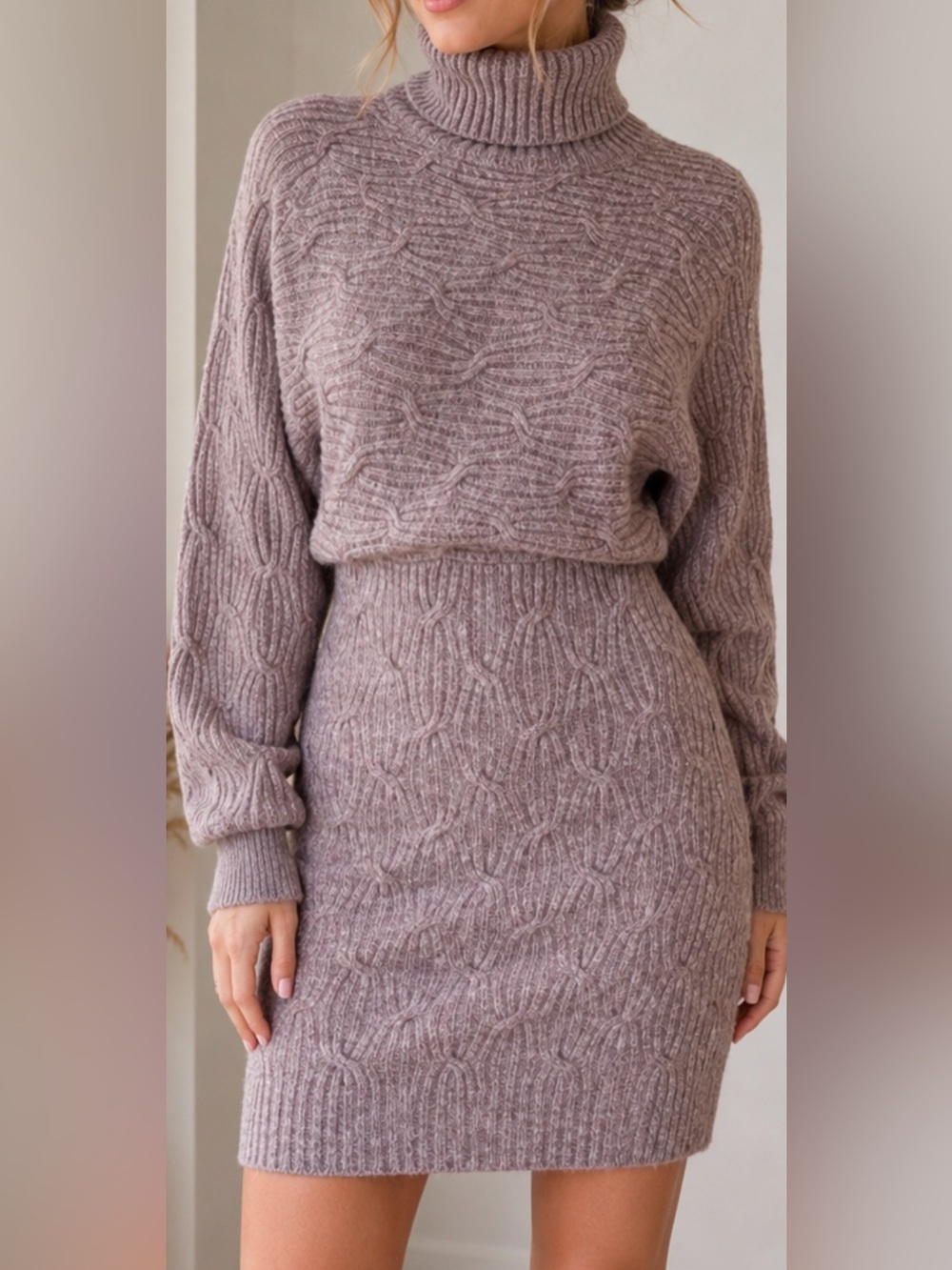 Lulus Sweater Dress Women S Taupe Cable Knit Turtleneck Long Sleeve